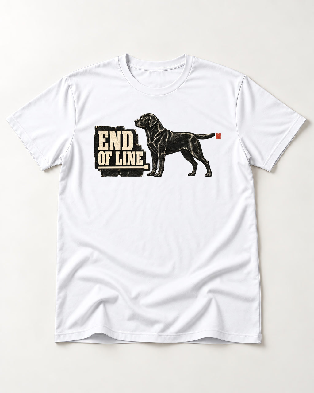 End of Line Labrador Retriever T-Shirt in White, flat lay product photo