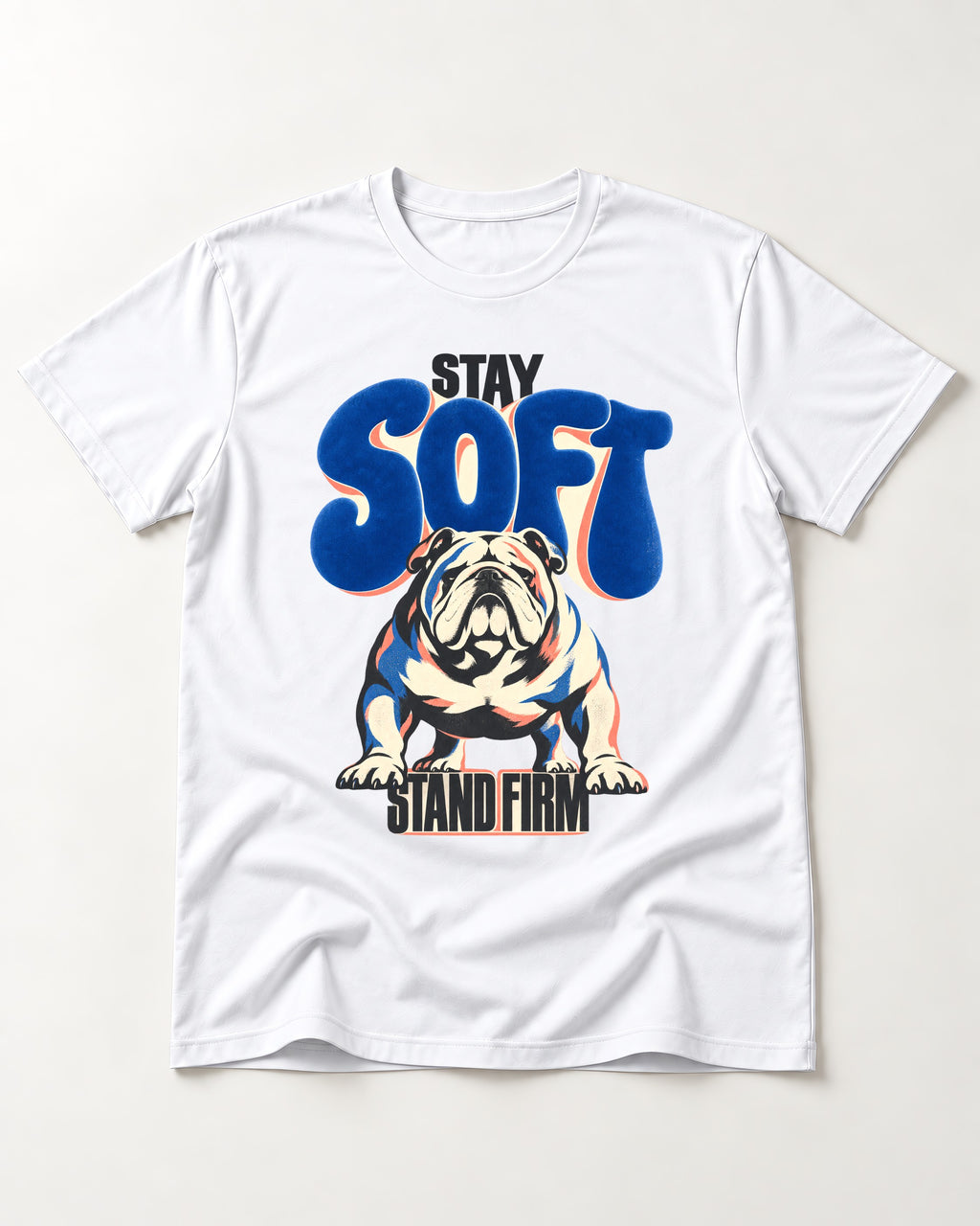 Stay Soft Stand Firm English Bulldog T-Shirt in White, flat lay product photo