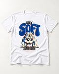 Stay Soft Stand Firm English Bulldog T-Shirt in White, flat lay product photo
