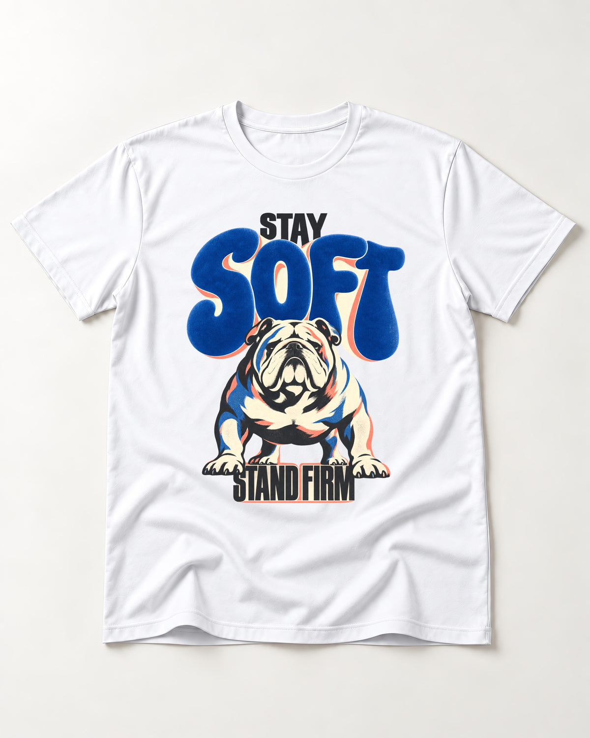 Stay Soft Stand Firm English Bulldog T-Shirt in White, flat lay product photo