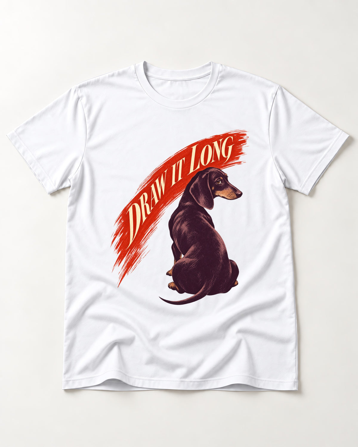 Draw It Long Dachshund T-Shirt in White, flat lay product photo