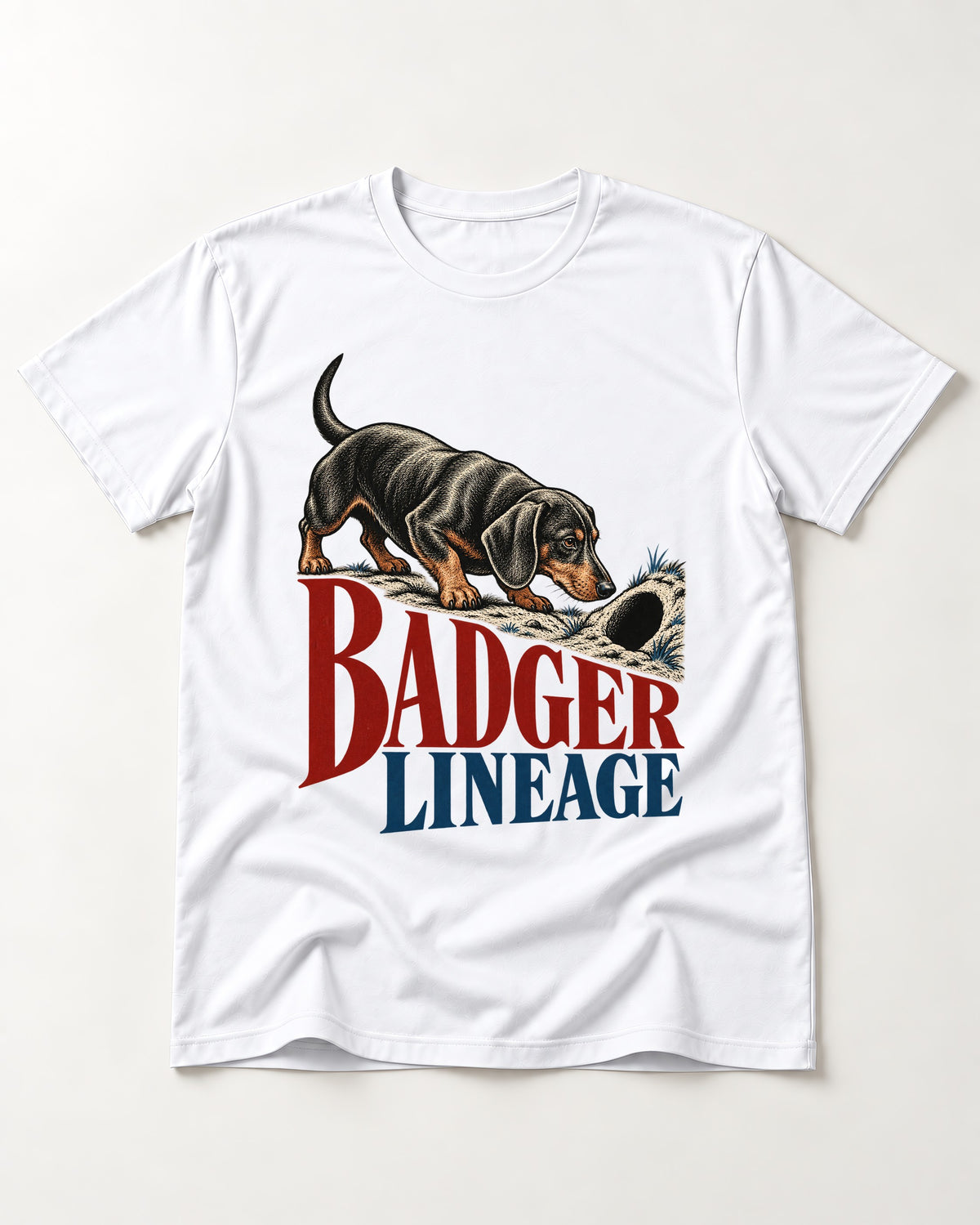 Dachshund Badger Lineage T-Shirt in White, flat lay product photo