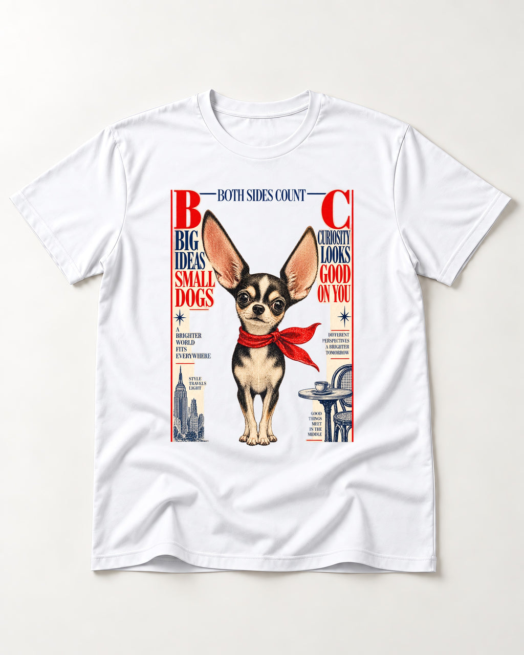 Chihuahua Big Ideas T-Shirt in White, flat lay product photo