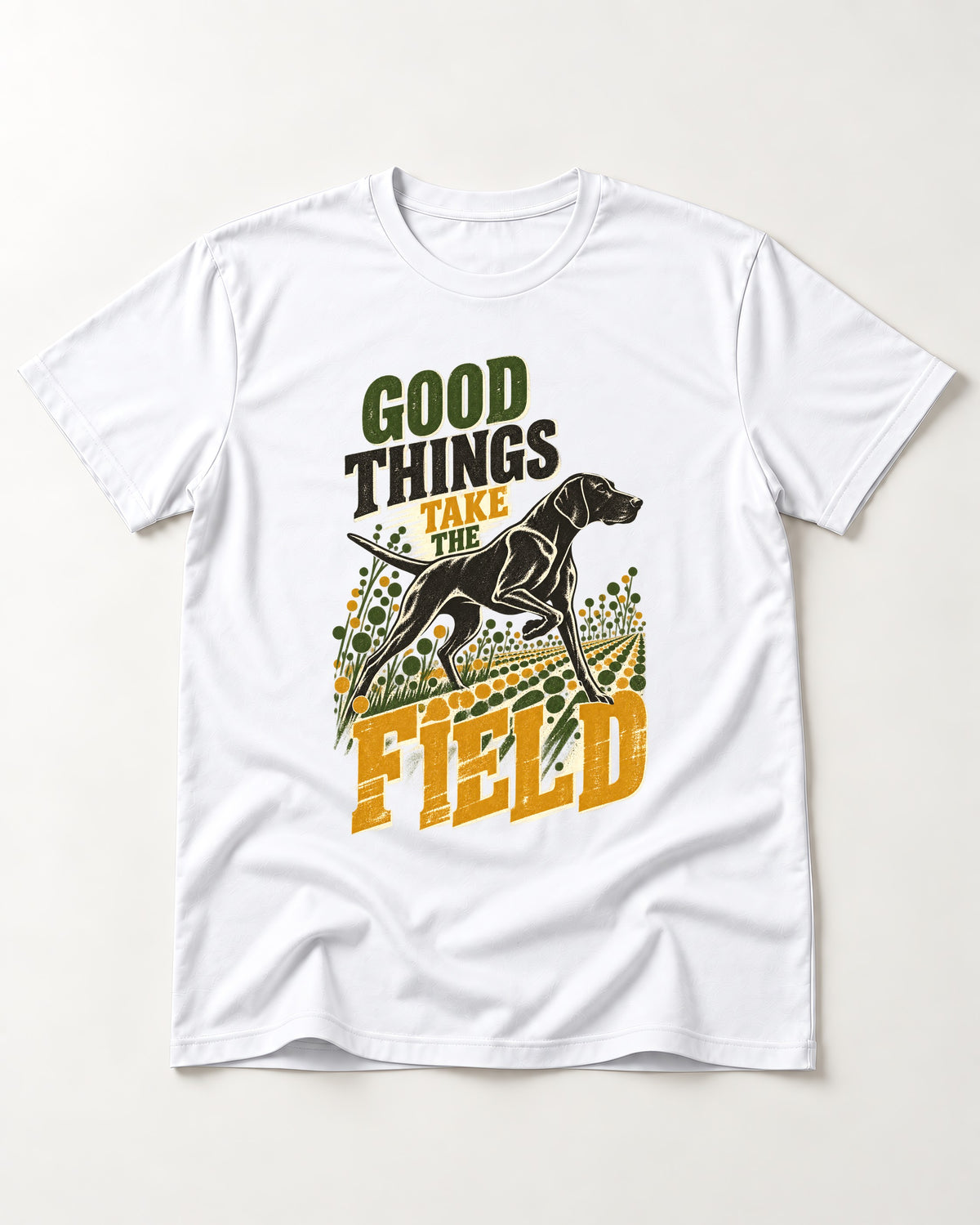 German Shorthaired Pointer Takes the Field T-Shirt in White, flat lay product photo