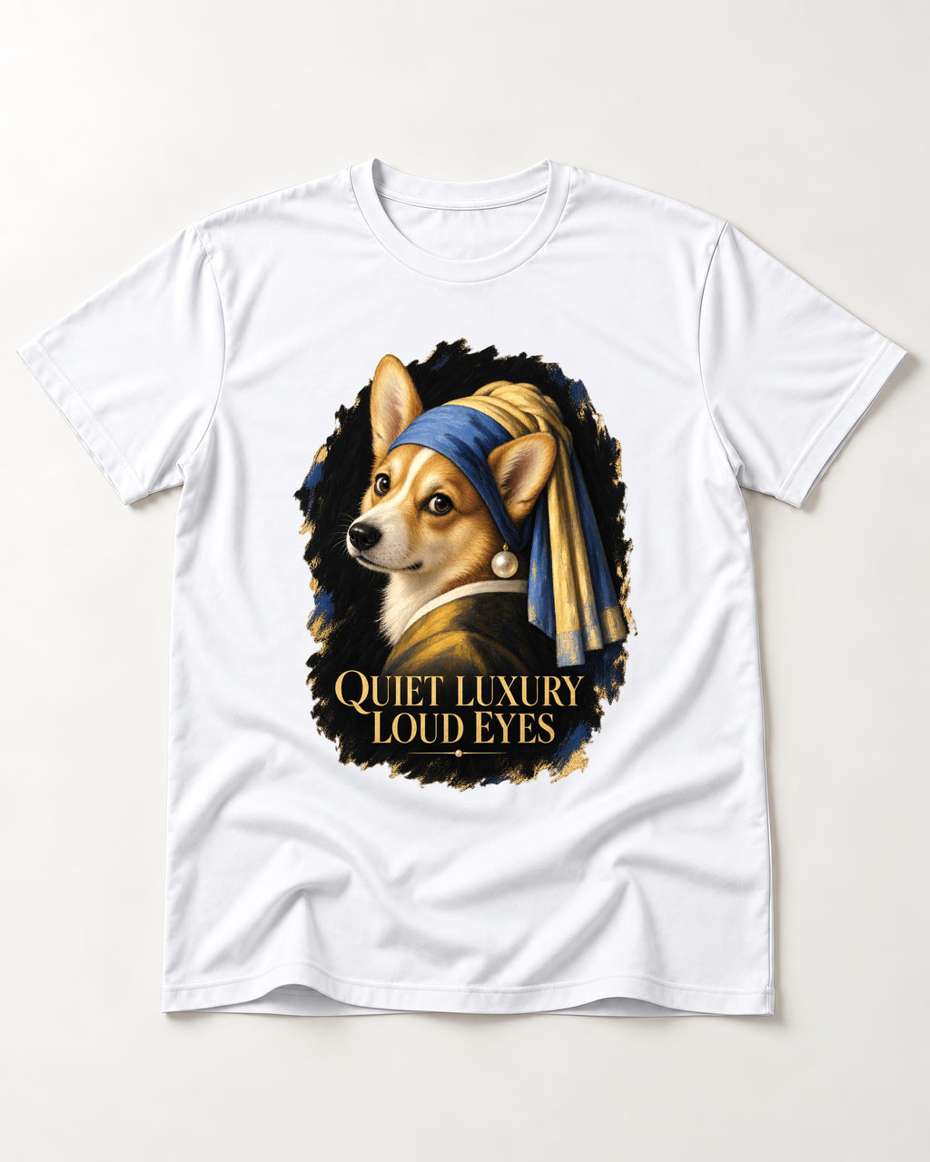 Corgi Quiet Luxury Loud Eyes Pearl Earring Portrait T-Shirt in White, flat lay product photo