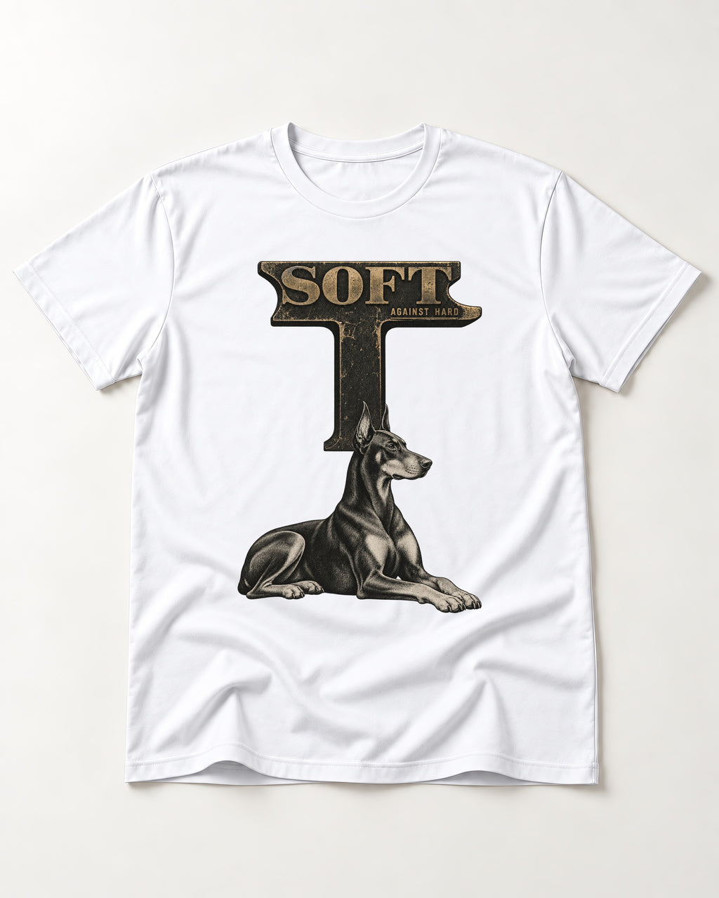 Soft Against Hard Doberman T-Shirt in White, flat lay product photo