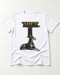 Soft Against Hard Doberman T-Shirt in White, flat lay product photo