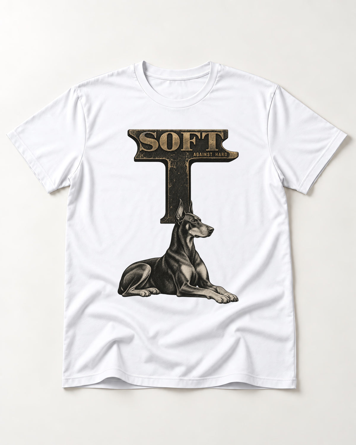 Soft Against Hard Doberman T-Shirt in White, flat lay product photo