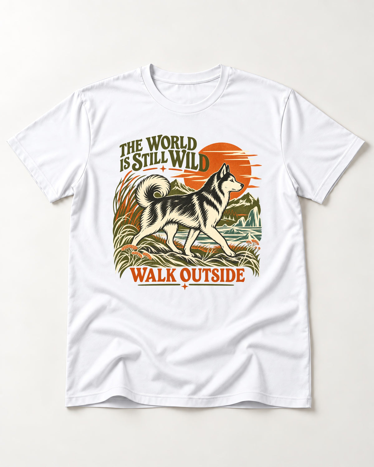 Walk Outside with Husky T-Shirt in White, flat lay product photo
