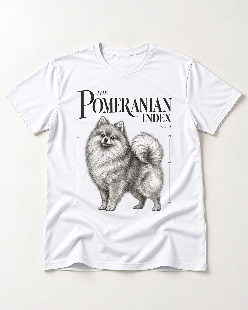 The Pomeranian Index T-Shirt in White, flat lay product photo