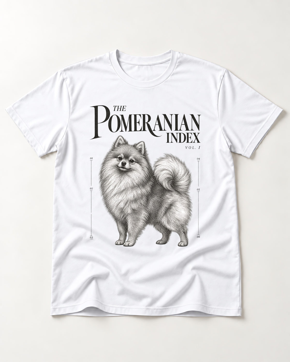 The Pomeranian Index T-Shirt in White, flat lay product photo