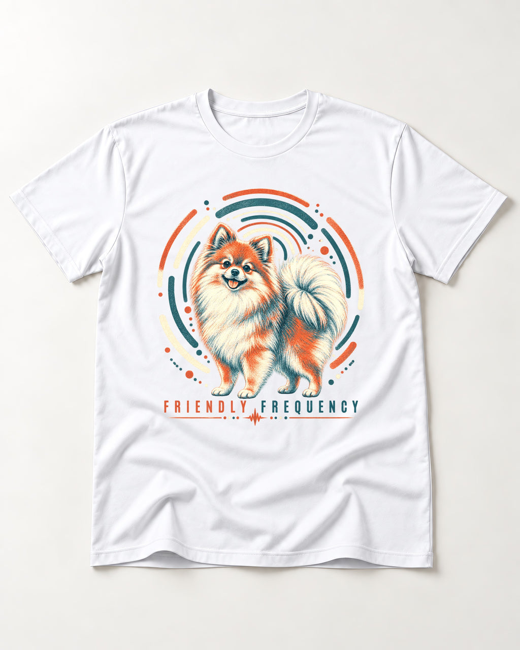 Friendly Frequency Pomeranian T-Shirt in White, flat lay product photo