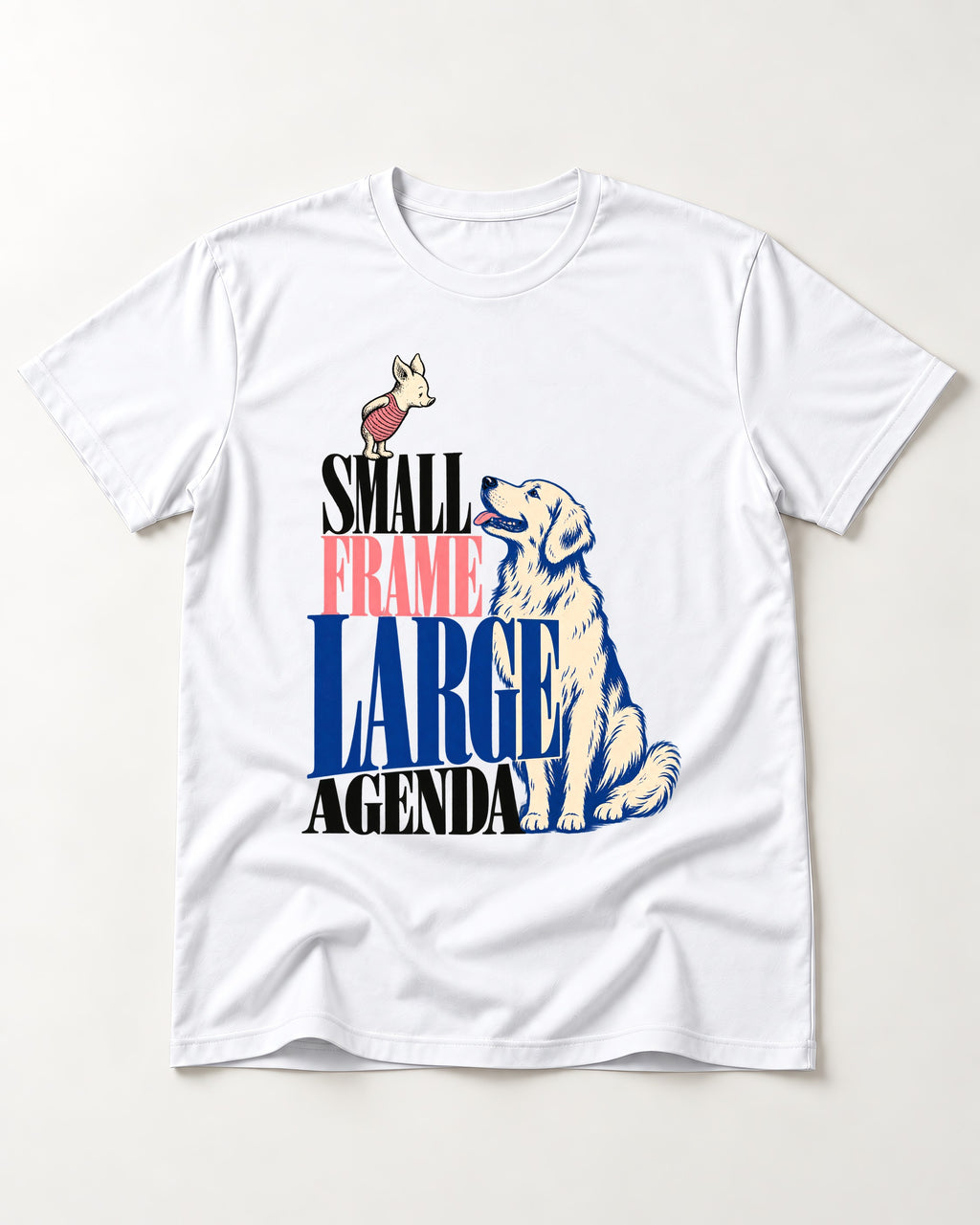 Small Frame Large Agenda Golden Retriever T-Shirt in White, flat lay product photo