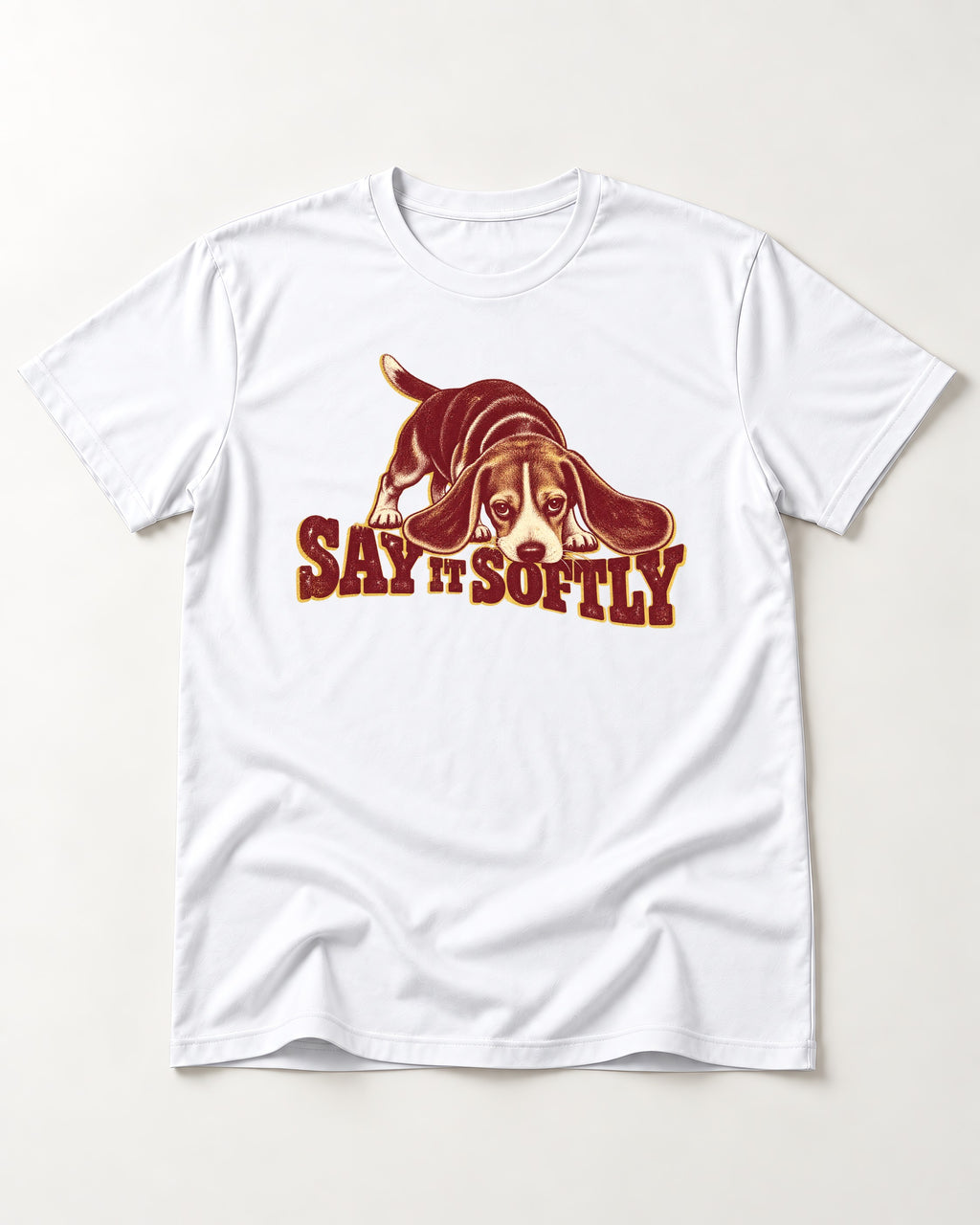 Beagle Say It Softly T-Shirt in White, flat lay product photo