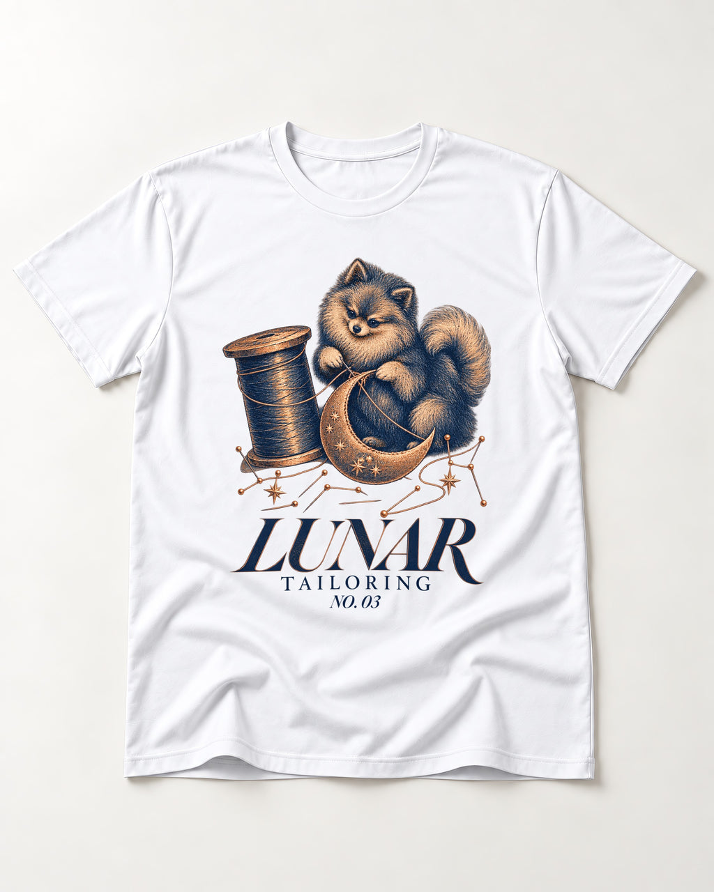 Pomeranian's Lunar Tailoring T-Shirt in White, flat lay product photo