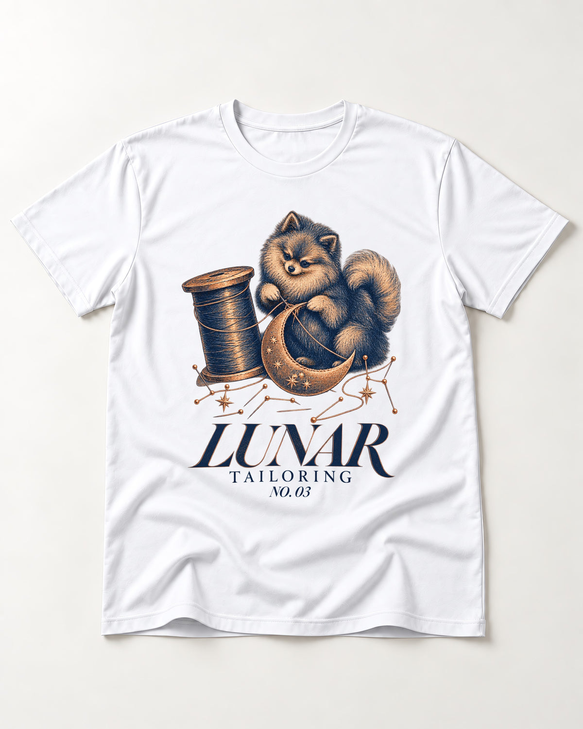 Pomeranian's Lunar Tailoring T-Shirt in White, flat lay product photo