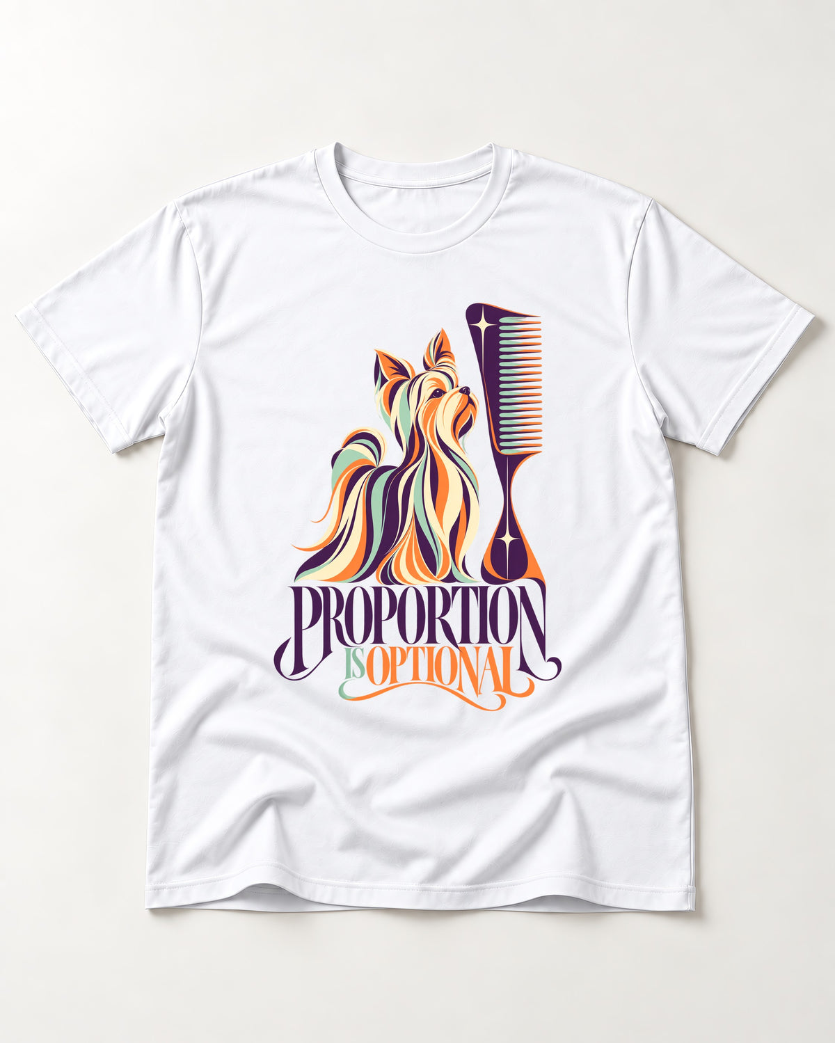Yorkshire Terrier Proportion Is Optional T-Shirt in White, flat lay product photo