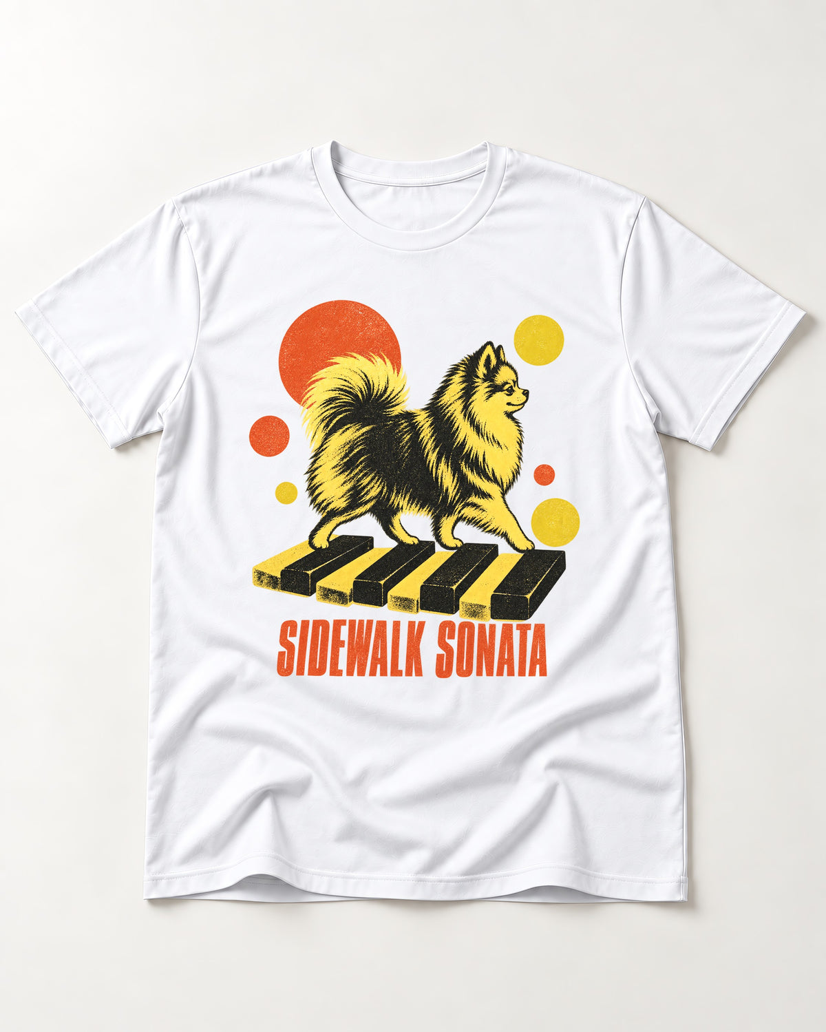 Pomeranian Sidewalk Sonata Piano Graphic T-Shirt in White, flat lay product photo