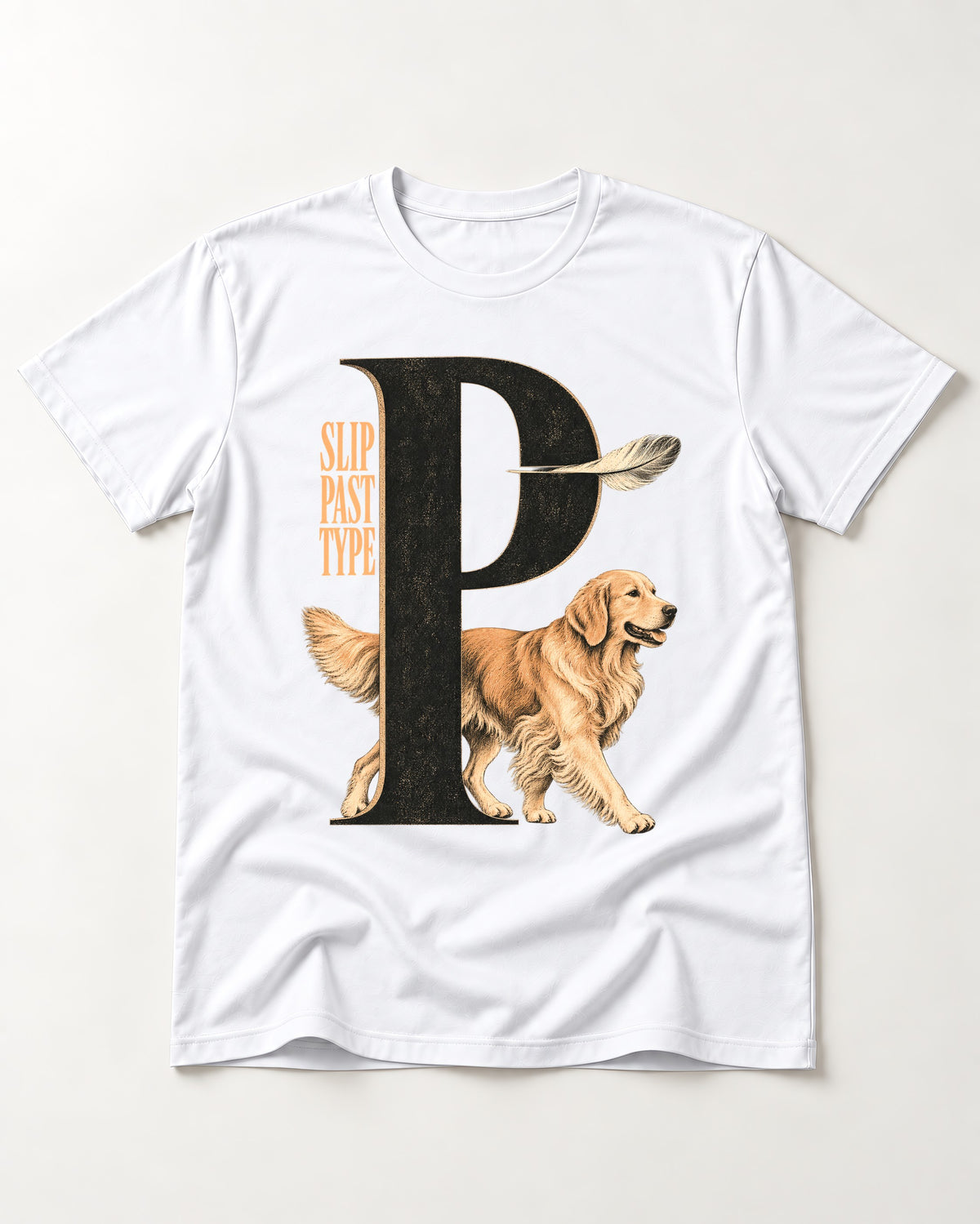 Golden Retriever Slip Past Type T-Shirt in White, flat lay product photo