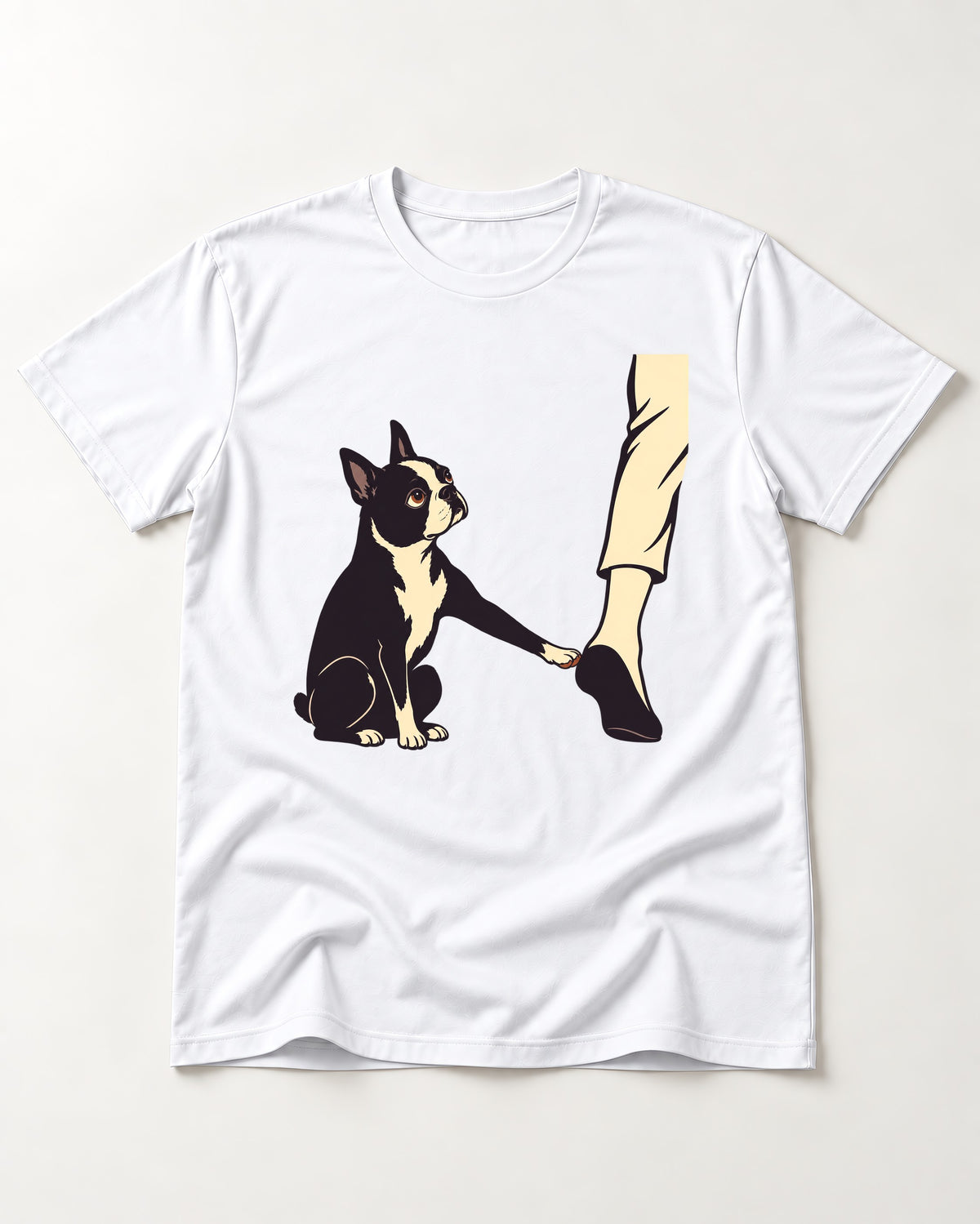 Boston Terrier Stay with Me T-Shirt in White, flat lay product photo