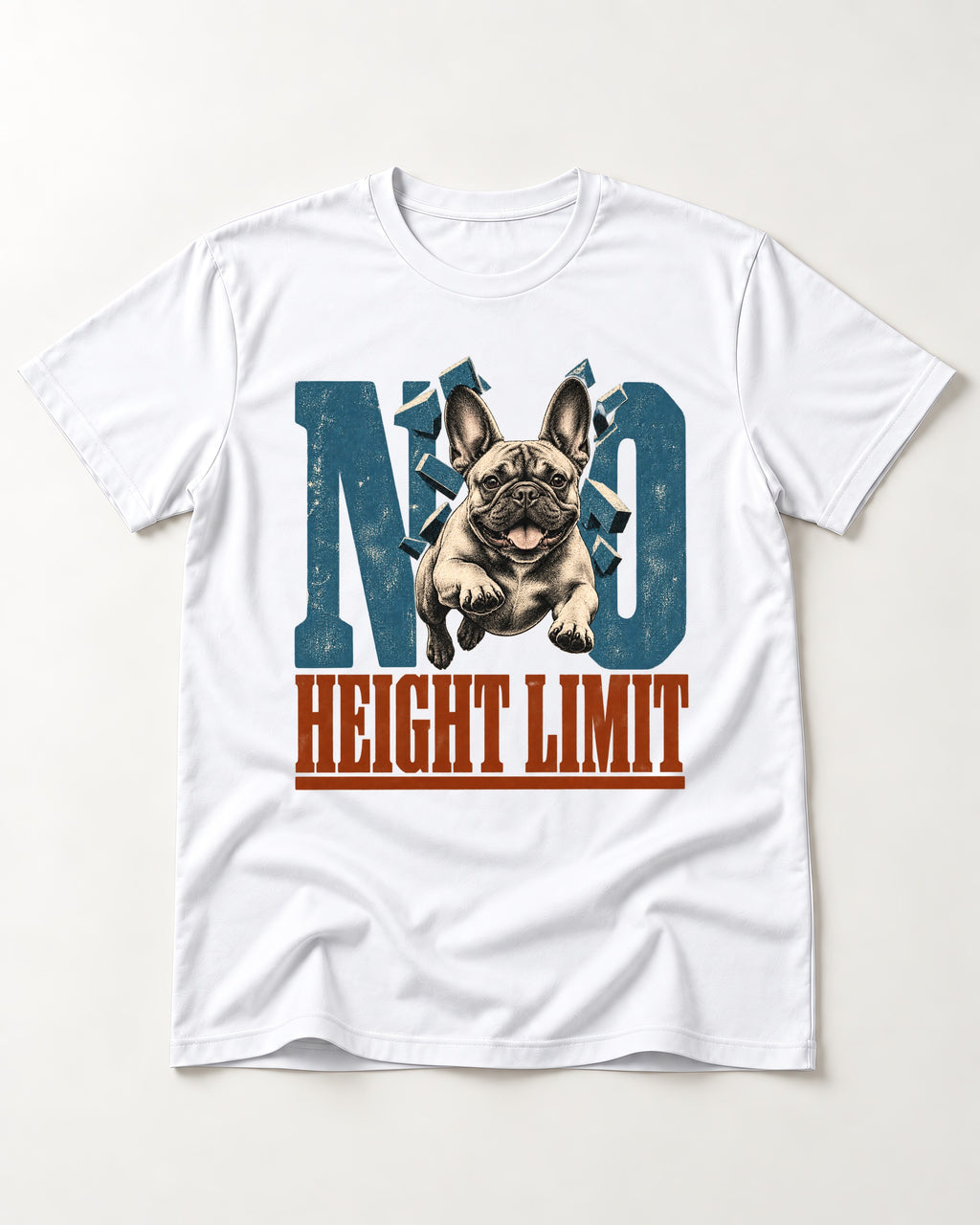 No Height Limit Frenchie T-Shirt in White, flat lay product photo