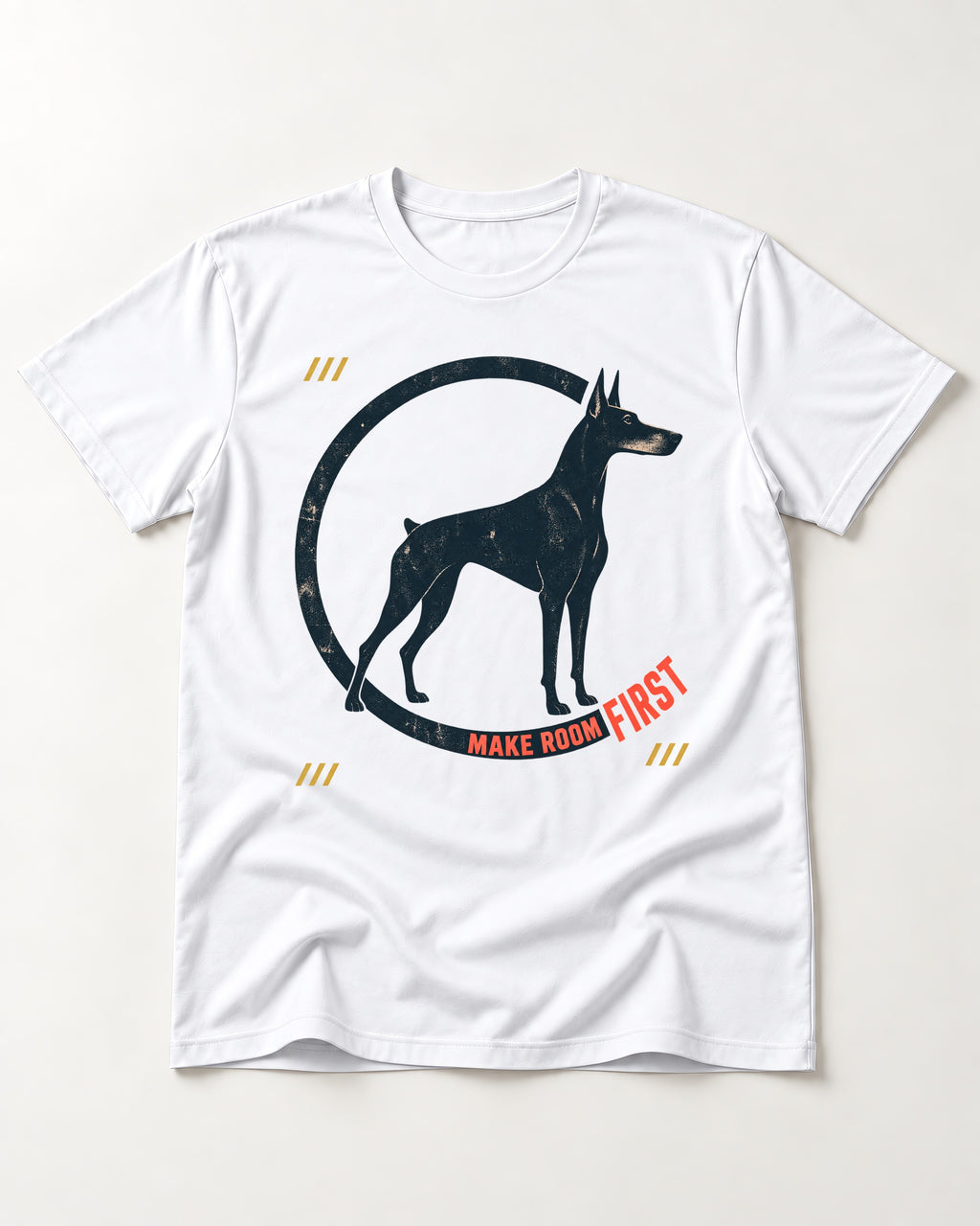 Make Room First Doberman T-Shirt in White, flat lay product photo