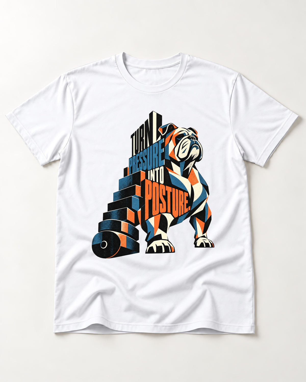 Turn Pressure Into Posture English Bulldog T-Shirt in White, flat lay product photo