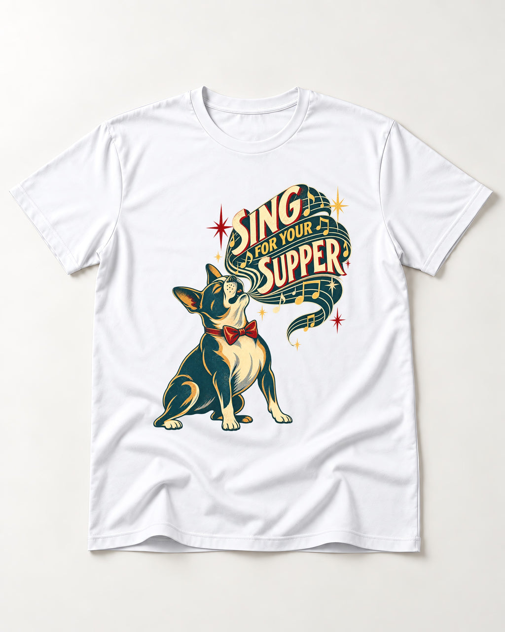 Boston Terrier Sing for Your Supper T-Shirt in White, flat lay product photo