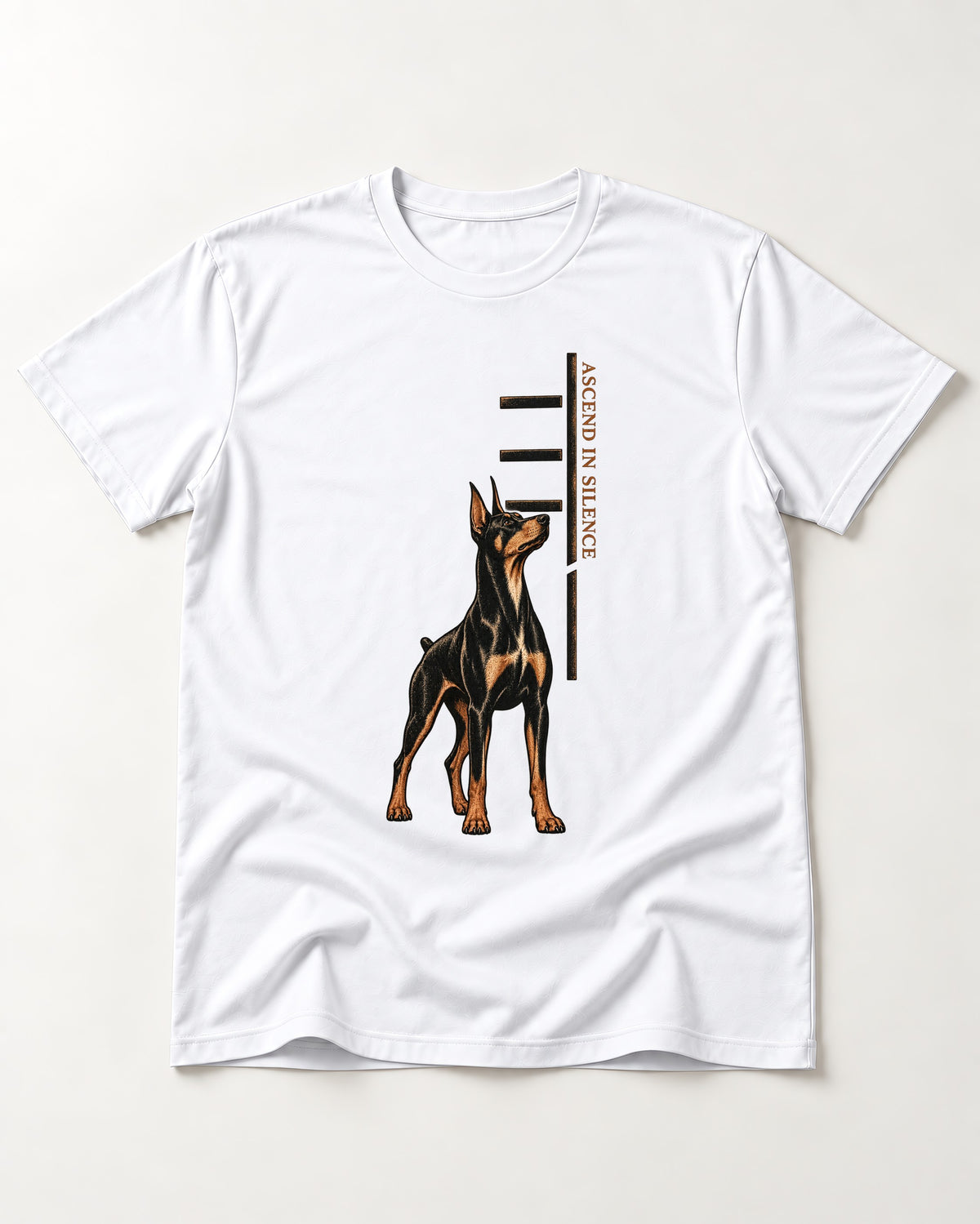 Doberman Ascend in Silence T-Shirt in White, flat lay product photo