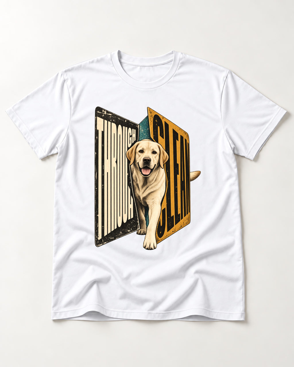 Labrador Retriever Through Steel Split Sign Graphic T-Shirt in White, flat lay product photo
