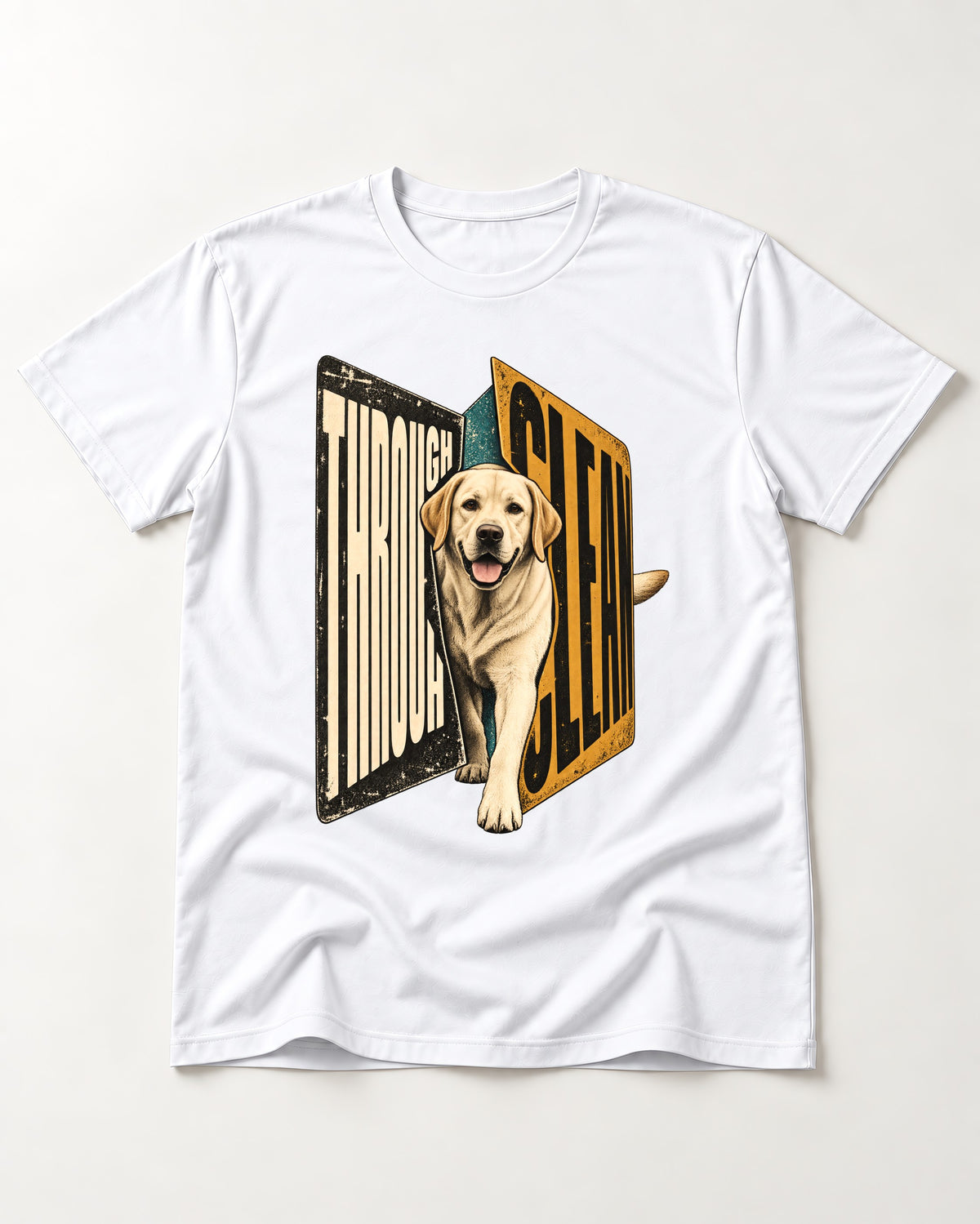 Labrador Retriever Through Steel Split Sign Graphic T-Shirt in White, flat lay product photo