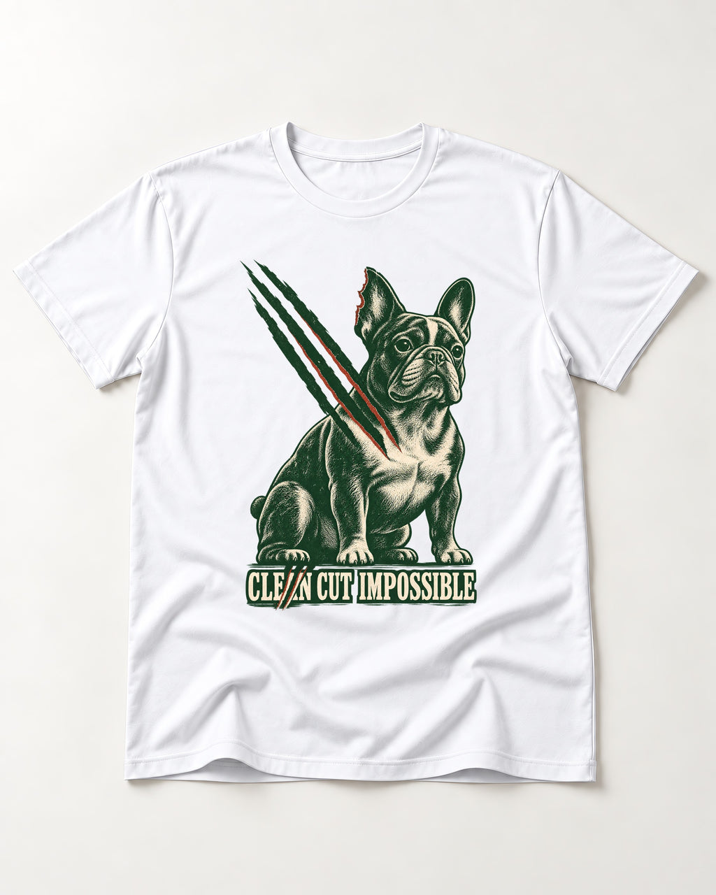 Frenchie Clean Cut Impossible T-Shirt in White, flat lay product photo