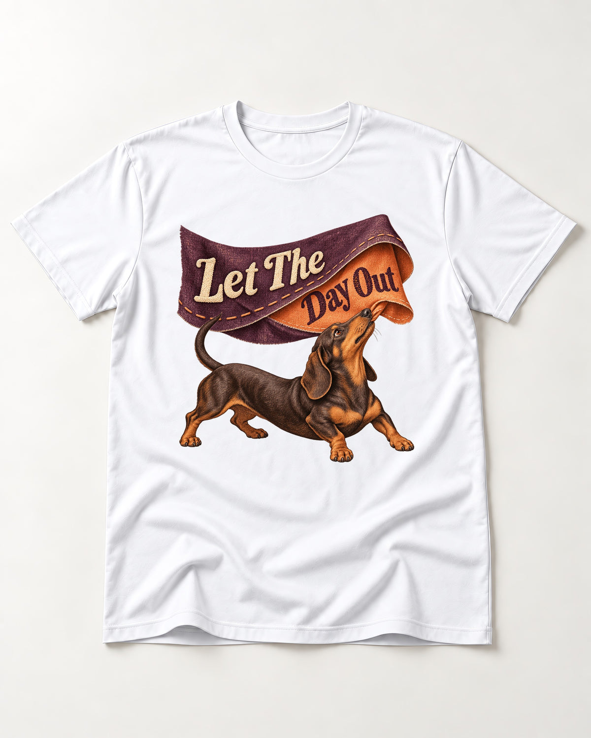 Dachshund Let The Day Out Fabric Banner Graphic T-Shirt in White, flat lay product photo