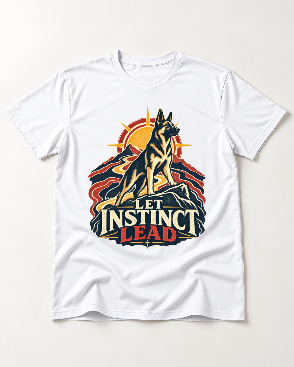 Let Instinct Lead Sunrise German Shepherd Dog Graphic T-Shirt in White, flat lay product photo