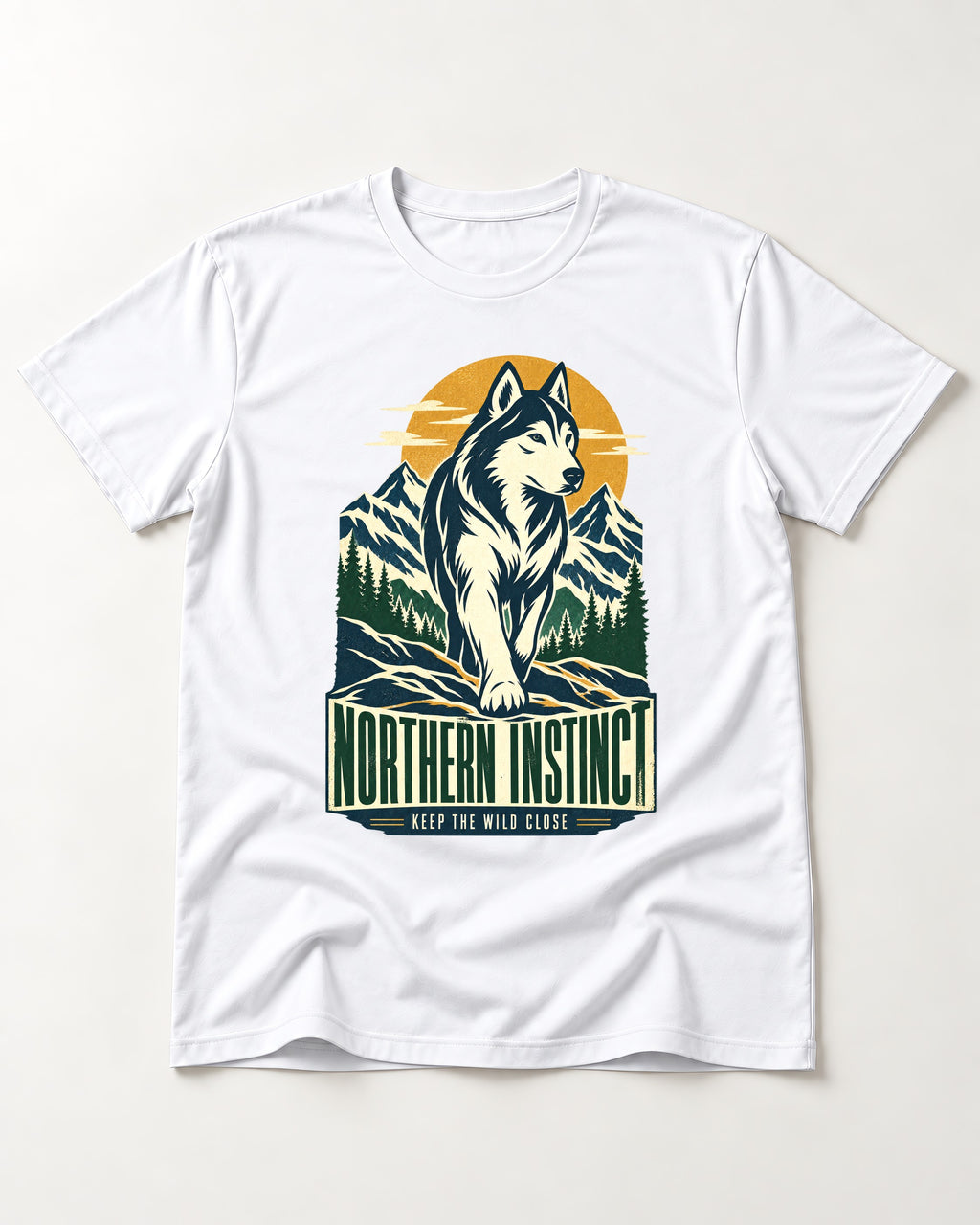 Husky Northern Instinct Mountain Sentinel T-Shirt in White, flat lay product photo
