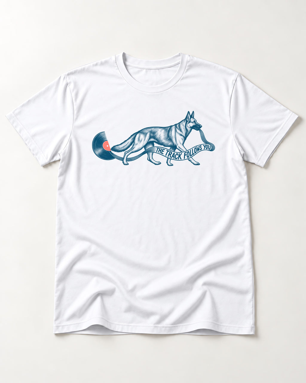 German Shepherd Dog The Track Follows You T-Shirt in White, flat lay product photo