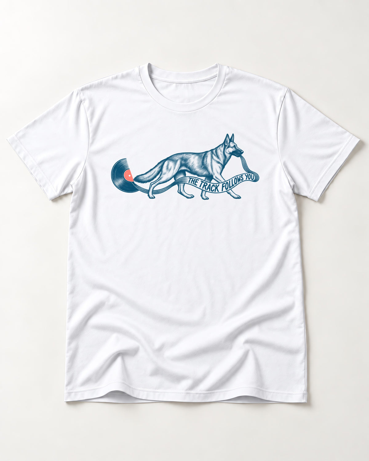 German Shepherd Dog The Track Follows You T-Shirt in White, flat lay product photo