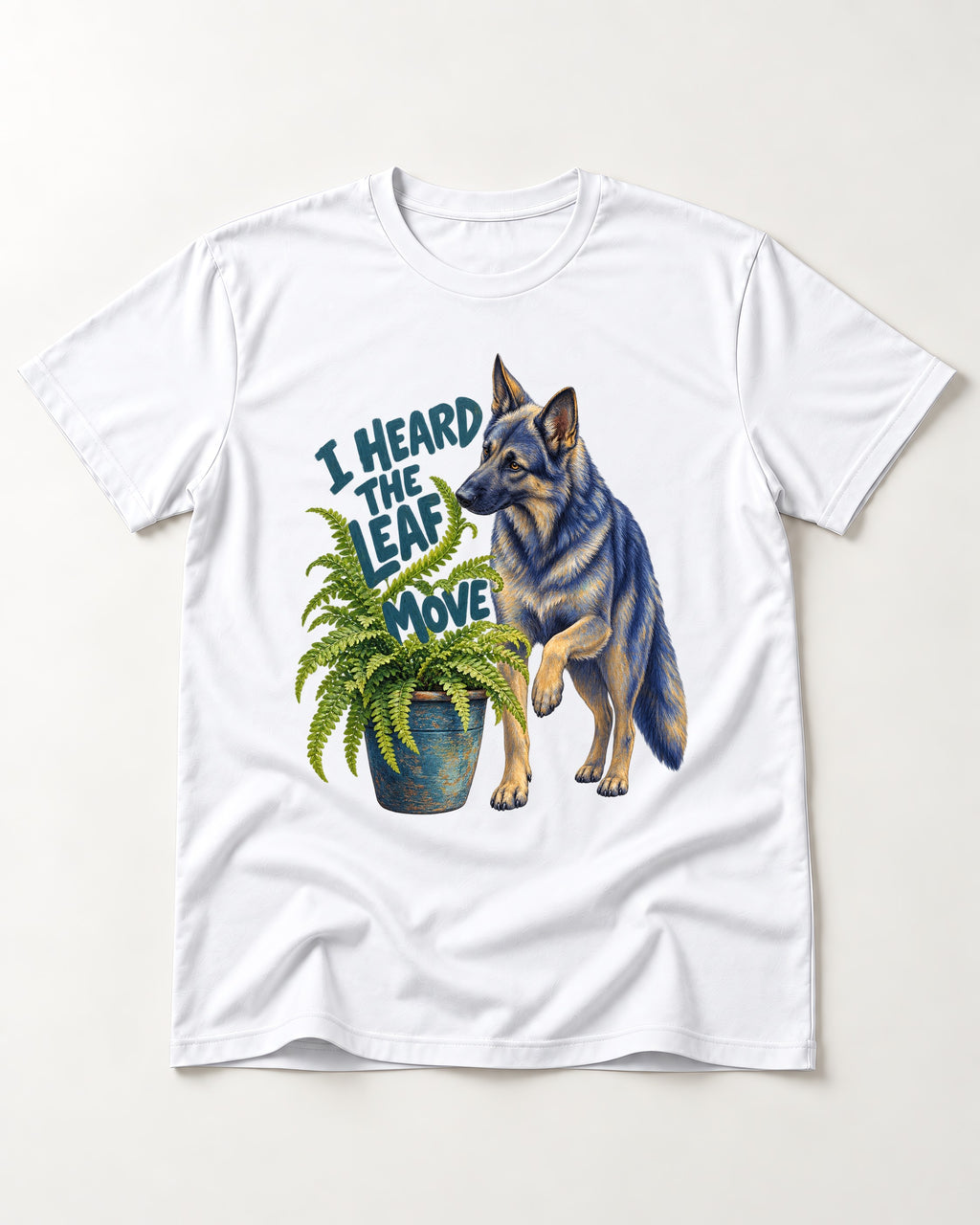 German Shepherd Dog Heard the Leaf Move T-Shirt in White, flat lay product photo