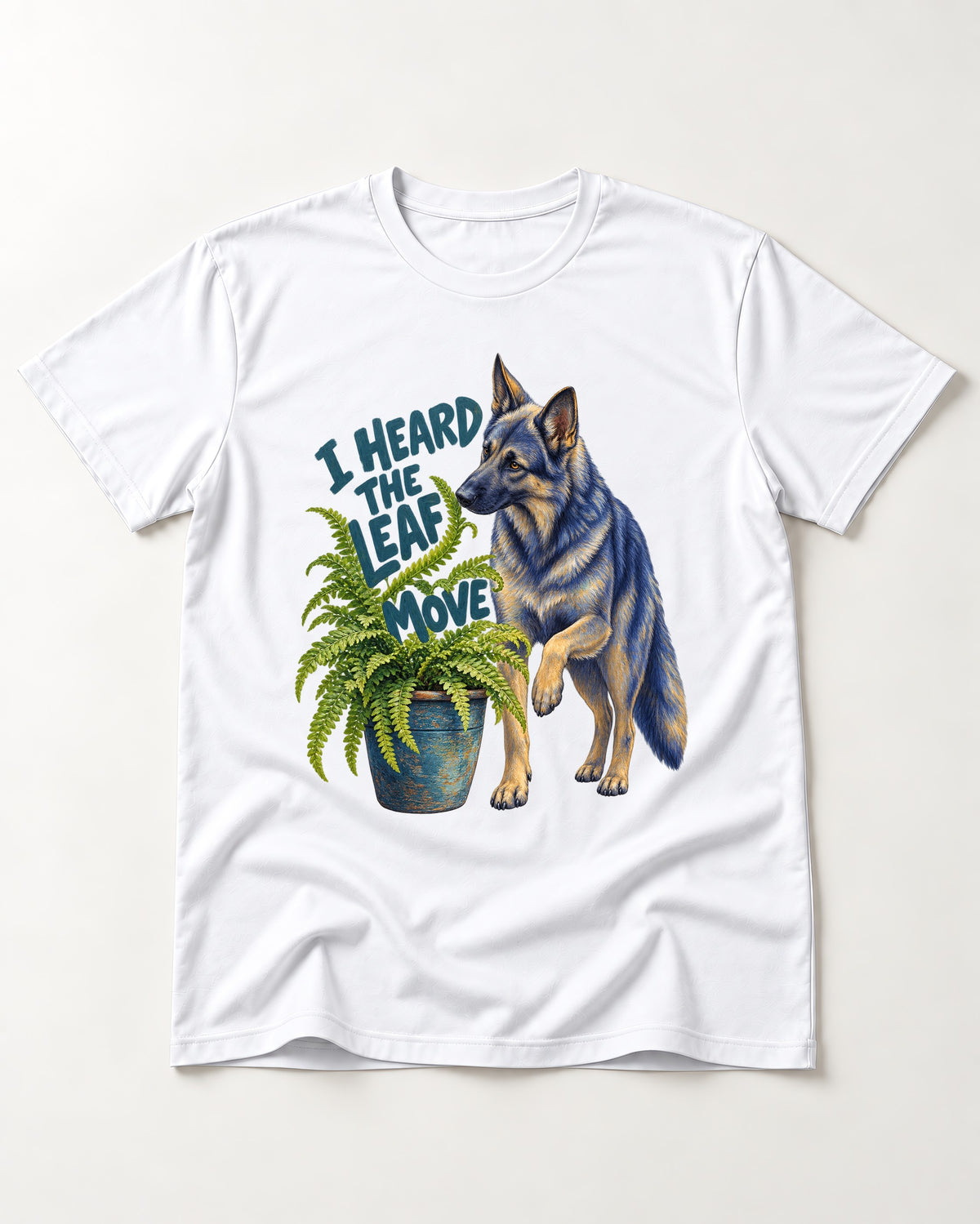 German Shepherd Dog Heard the Leaf Move T-Shirt in White, flat lay product photo