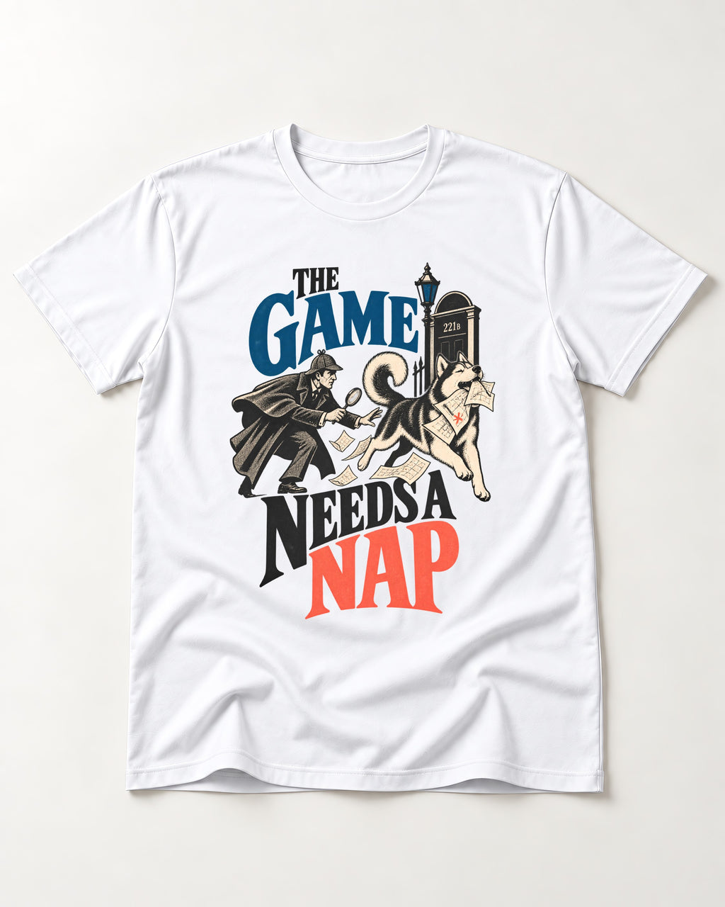Husky Needs a Nap T-Shirt in White, flat lay product photo