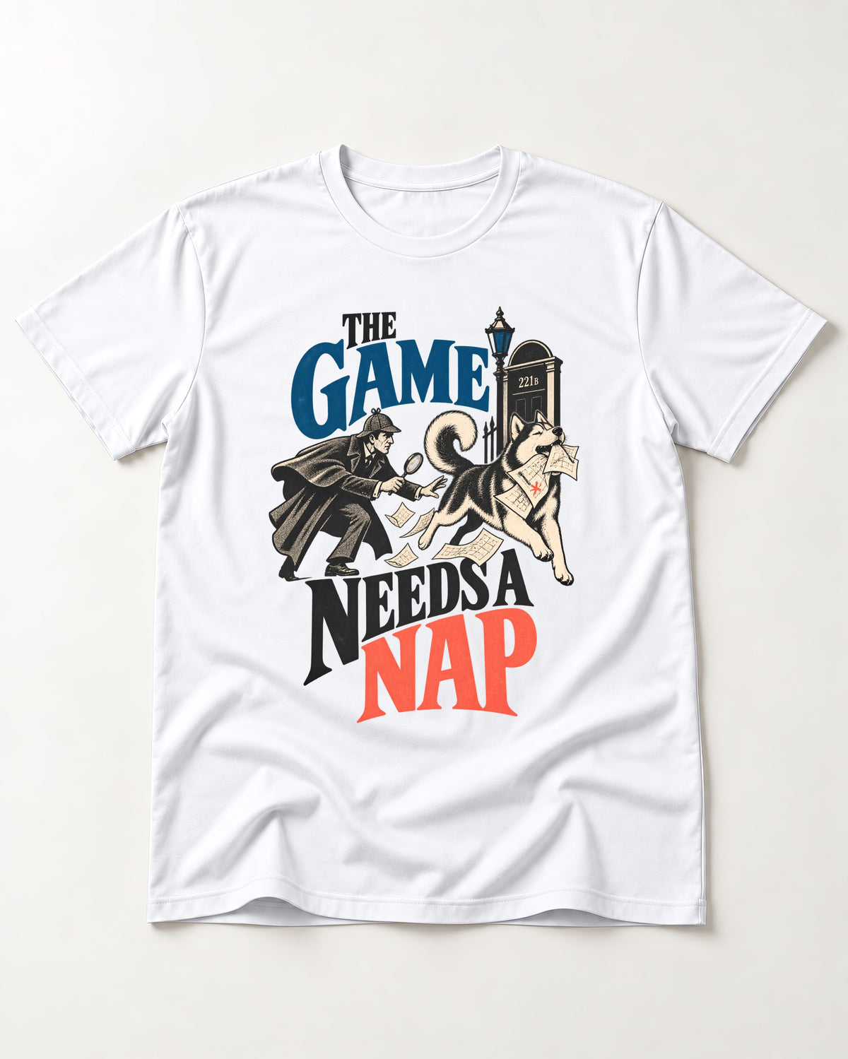 Husky Needs a Nap T-Shirt in White, flat lay product photo