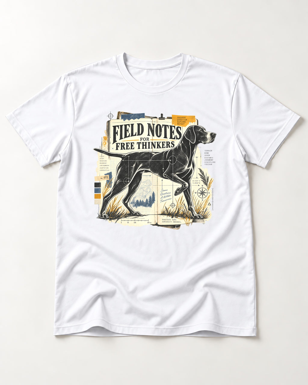 Field Notes for Free Thinkers Collage German Shorthaired Pointer Graphic T-Shirt in White, flat lay product photo
