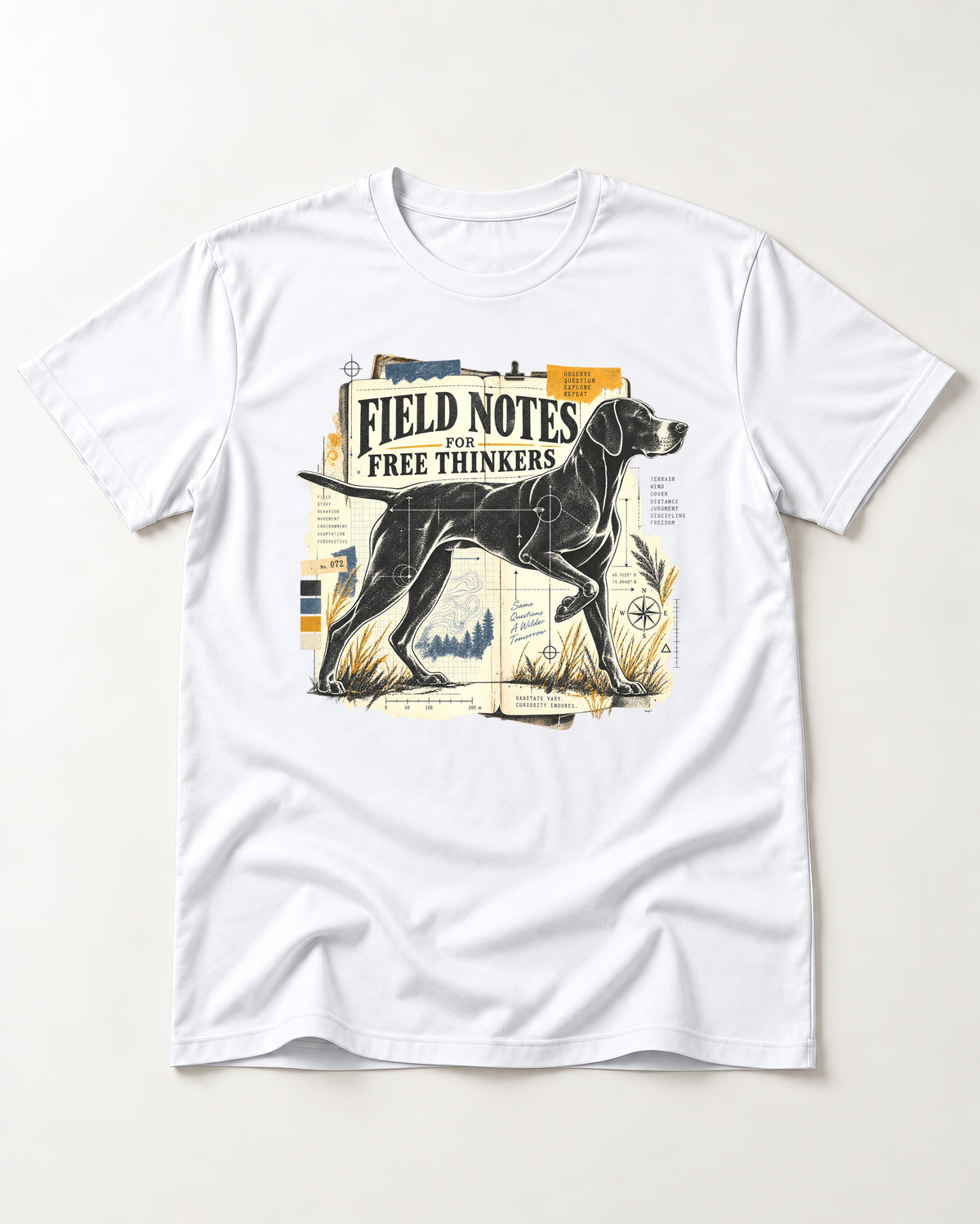 Field Notes for Free Thinkers Collage German Shorthaired Pointer Graphic T-Shirt in White, flat lay product photo