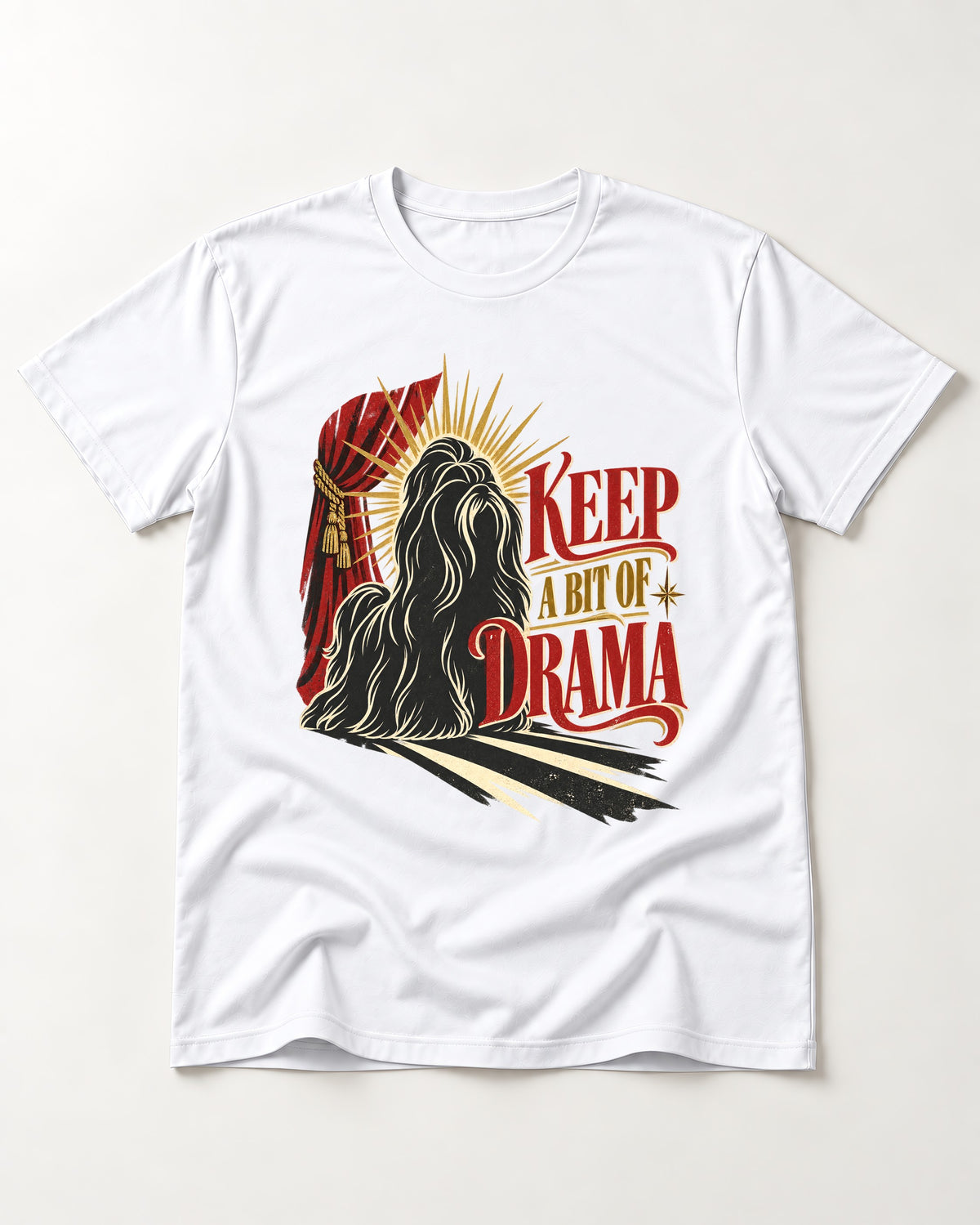 Shih Tzu Keep a Bit of Drama Theater Graphic T-Shirt in White, flat lay product photo