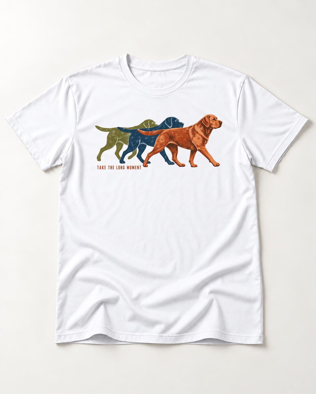 Take the Long Moment Labrador Retriever T-Shirt in White, flat lay product photo