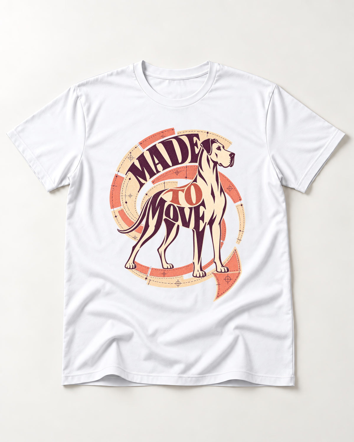 Great Dane Made to Move T-Shirt in White, flat lay product photo