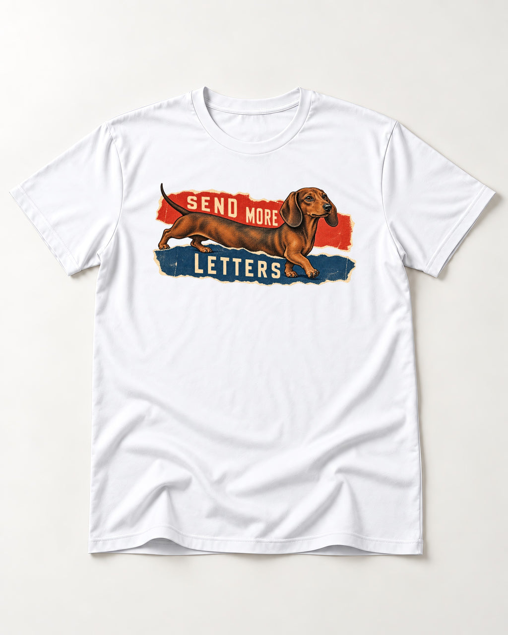 Dachshund Send More Letters Torn Paper Graphic T-Shirt in White, flat lay product photo