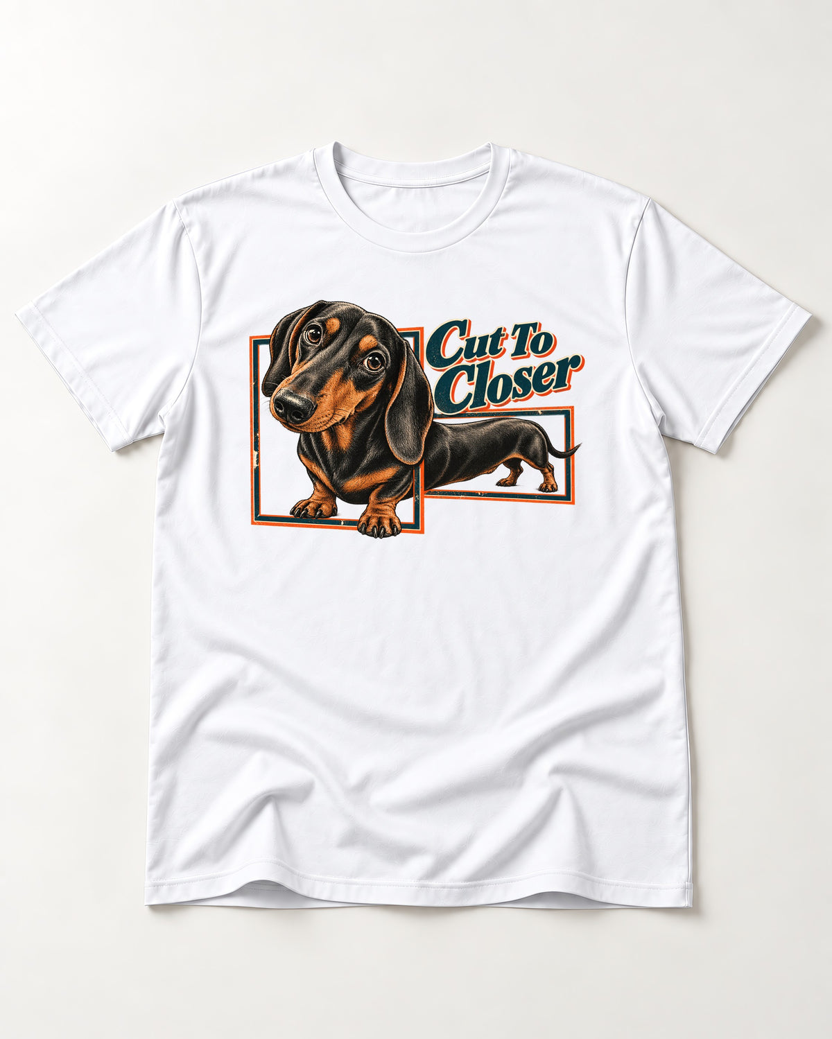 Dachshund Cut to Closer T-Shirt in White, flat lay product photo