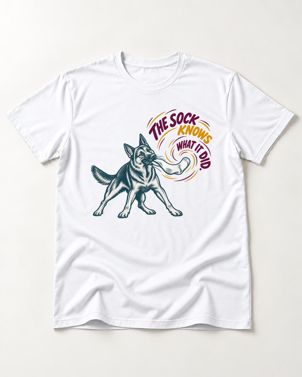German Shepherd Dog The Sock Knows What I Did Graphic T-Shirt in White, flat lay product photo