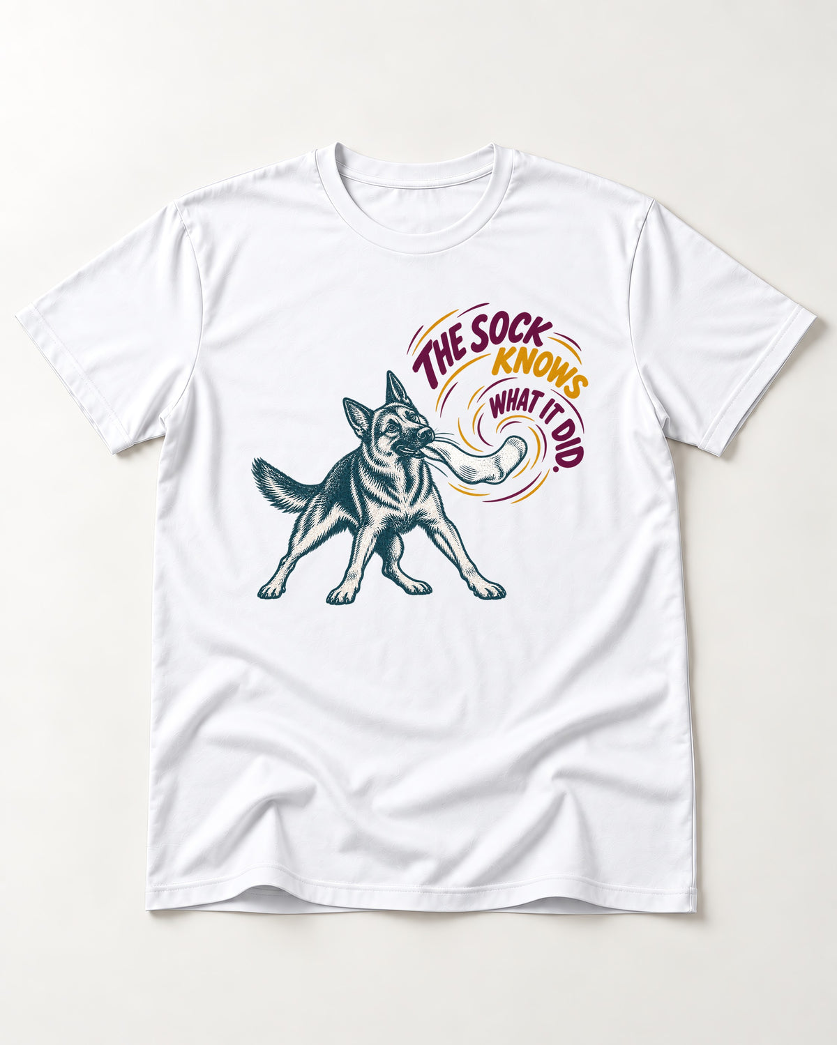 German Shepherd Dog The Sock Knows What I Did Graphic T-Shirt in White, flat lay product photo